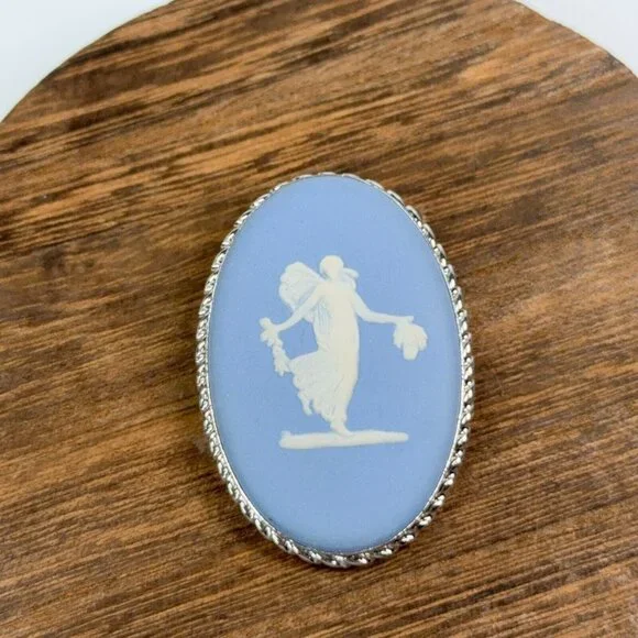 Vtg Van Dell Sterling Silver Brooch Pendant Wedgwood Blue Jasperware Cameo Pin - Picture 2 of 13